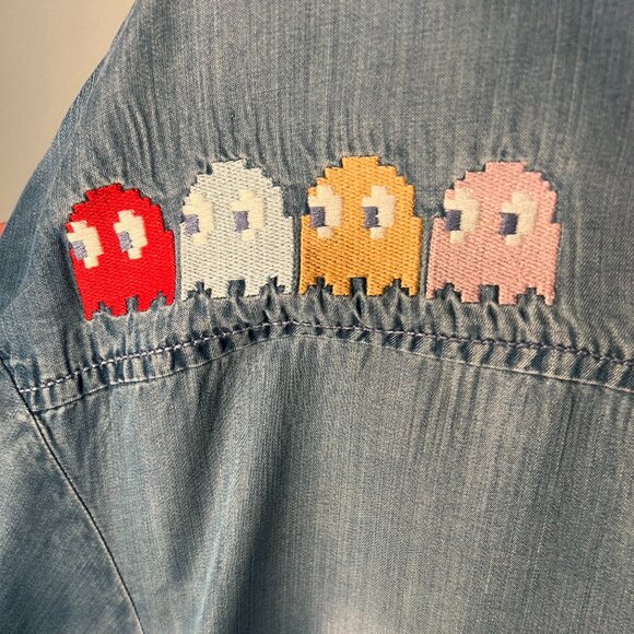 Justice Girls PAC-MAN Chambray Denim w Embroidery Short-Sleeve Button-Up SZ XL - Picture 5 of 10